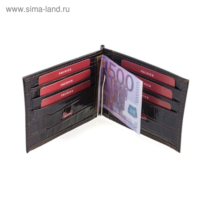 фото Портмоне m-53 с зажимом, без застёжки, коричневый, тёмный, крокодил премьер