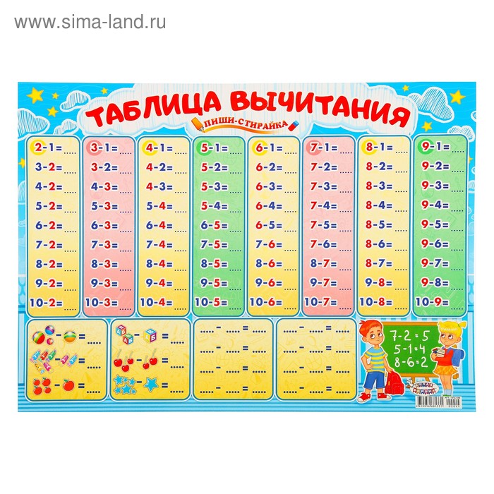 Плакат пиши-стирай "Таблица вычитания" А2 
Плакат пиши-стирай "Таблица вычитания" А2