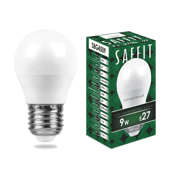 Лампа светодиодная SAFFIT SBG4509, G45, E27, 9 Вт, 230 В, 2700 К, 810 Лм, 220°, 81 х 45 мм
Лампа светодиодная SAFFIT SBG4509, G45, E27, 9 Вт, 230 В, 2700 К, 810 Лм, 220°, 81 х 45 мм