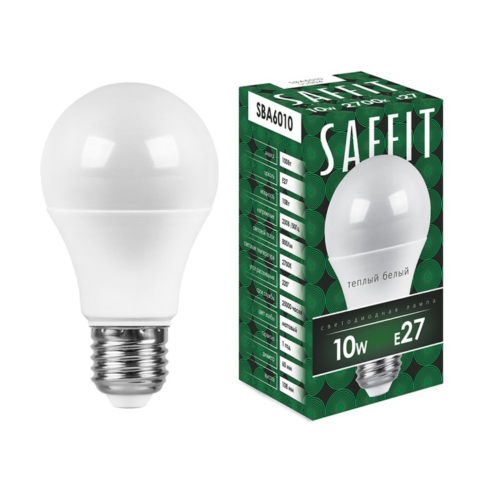 Лампа светодиодная SAFFIT SBA6010, A60, E27, 10 Вт, 230 В, 2700 К, 800 Лм, 220°, 108 х 60 мм
Лампа светодиодная SAFFIT SBA6010, A60, E27, 10 Вт, 230 В, 2700 К, 800 Лм, 220°, 108 х 60 мм