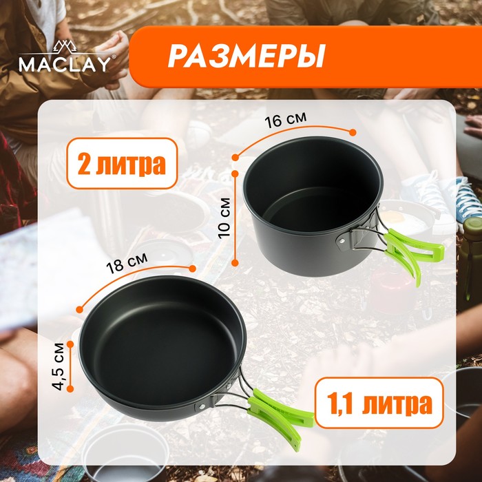 фото Набор туристической посуды maclay: чайник, кастрюля, сковорода, 3 чашки, черпак, лопатка, губка