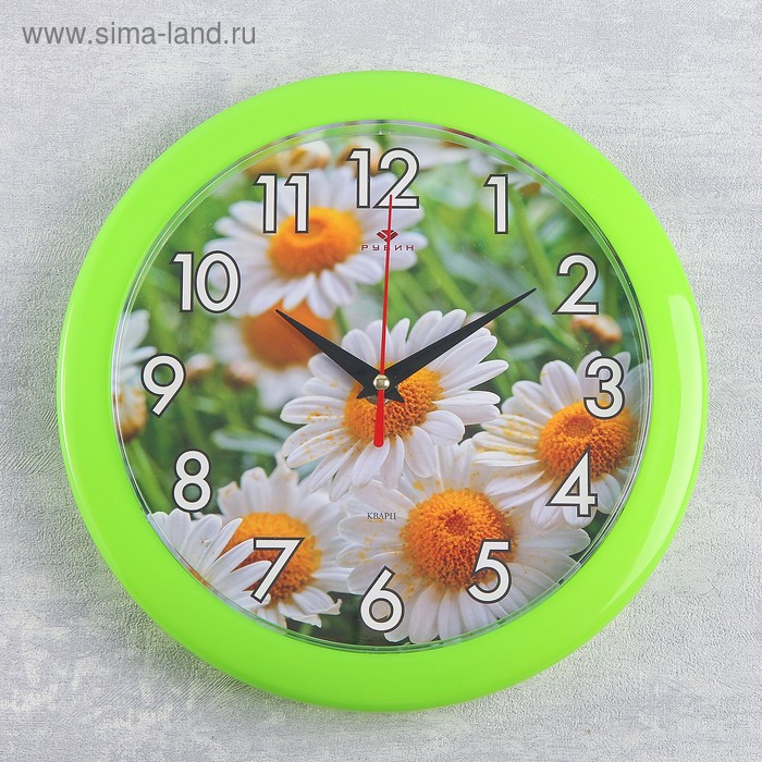 фото Часы настенные, серия: цветы, "ромашки", зеленое кольцо, 23 см, микс рубин