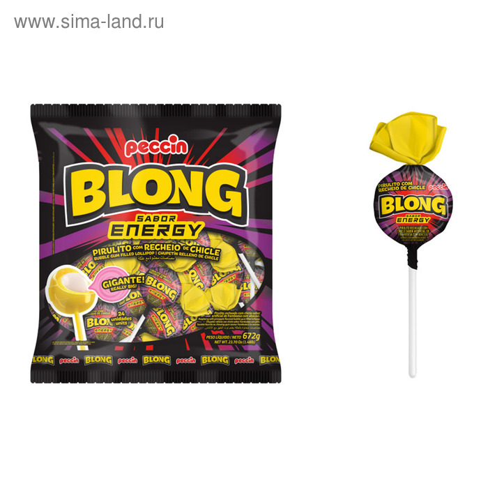 фото Леденец gigante blong energy со вкусом энергетика, с жевательной резинкой, 28 г peccin