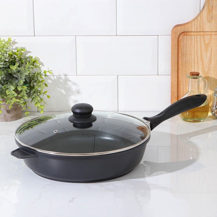 Сковорода «Каста», d=29 см, стеклянная крышка, пластиковая ручка, индукция, антипригарное покрытие, цвет чёрный 
Сковорода «Каста», d=29 см, стеклянная крышка, пластиковая ручка, индукция, антипригарное покрытие, цвет чёрный