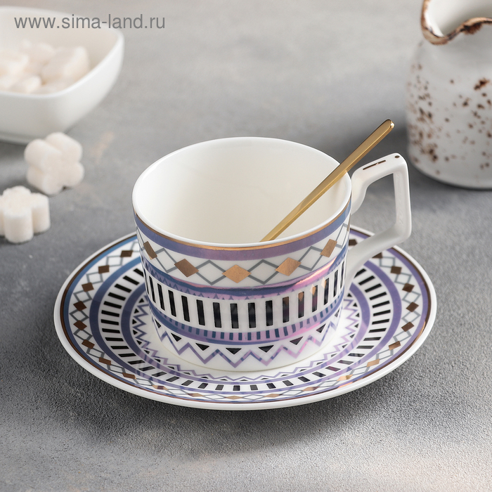 фото Чайная пара «орнамент»: чашка 300 мл, блюдце, с ложкой, цвет микс