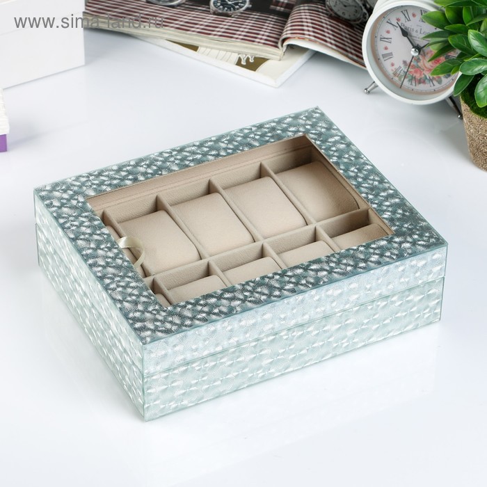 Шкатулка дерево, стекло под часы 10 отделений "Вспышка" серебро 8х21х26 см
Шкатулка дерево, стекло под часы 10 отделений "Вспышка" серебро 8х21х26 см