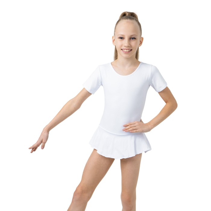 фото Купальник гимнастический grace dance, с юбкой, с коротким рукавом, р. 28, цвет белый