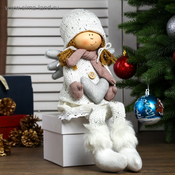 фото Кукла интерьерная "ангелочек мила с сердцем в белом наряде, в розовых варежках" 60х11х12 см