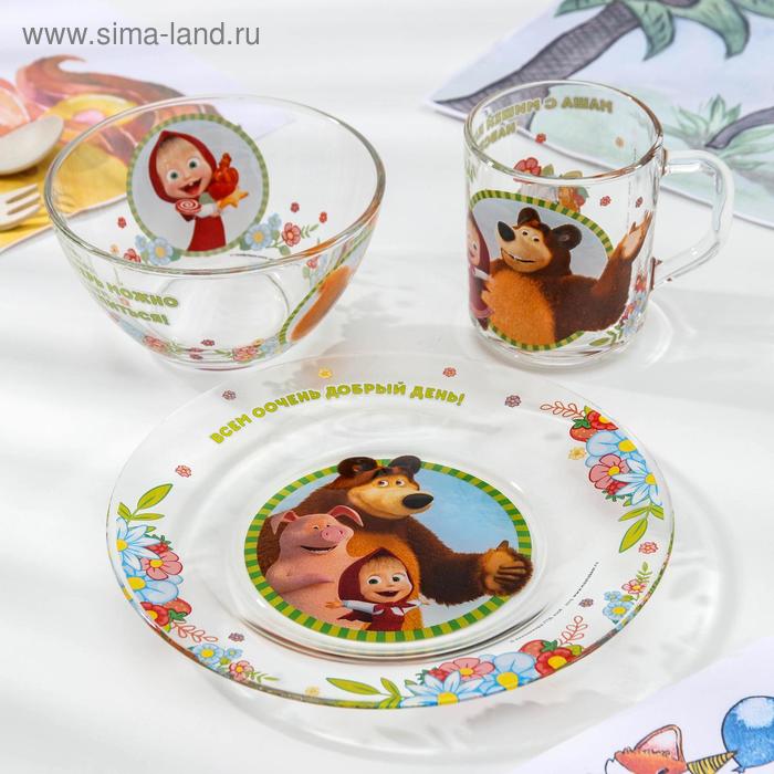фото Набор посуды детский «маша и медведь. добрый день», 3 предмета: кружка 250 мл, салатник d=13 см, тарелка d=19,5 см