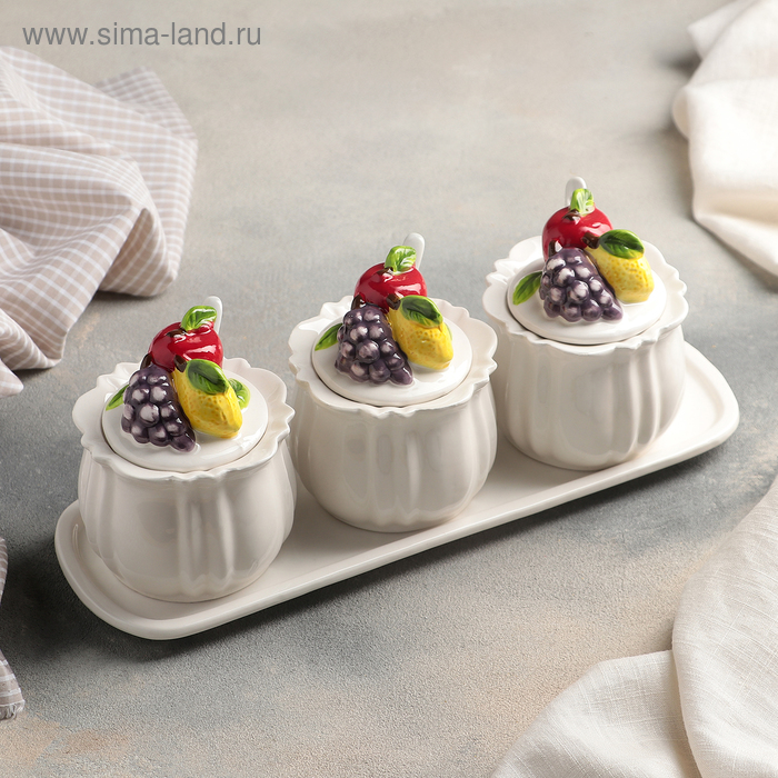 Набор банок для сыпучих продуктов «Фруктовый сад», 200 мл, с ложками, на подставке, 3 шт
Набор банок для сыпучих продуктов «Фруктовый сад», 200 мл, с ложками, на подставке, 3 шт