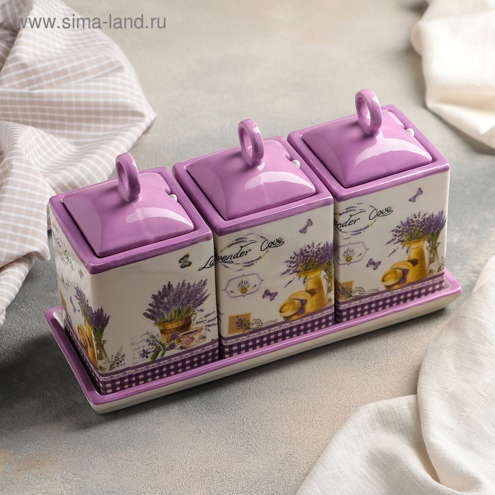 фото Набор банок для сыпучих продуктов «душистая лаванда», 400 мл, 3 шт, с ложками на подставке
