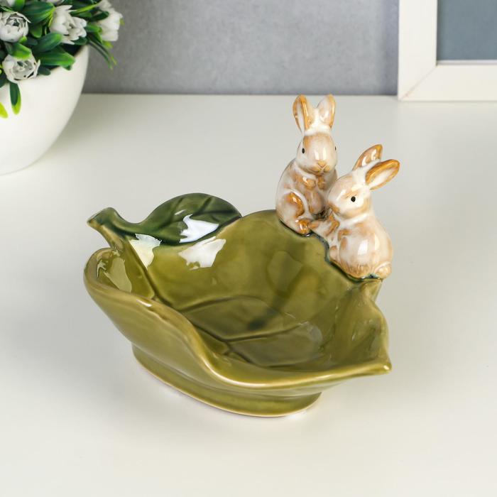 фото Сувенир керамика подставка "зайчата на листочке" 10х17,5х11 см