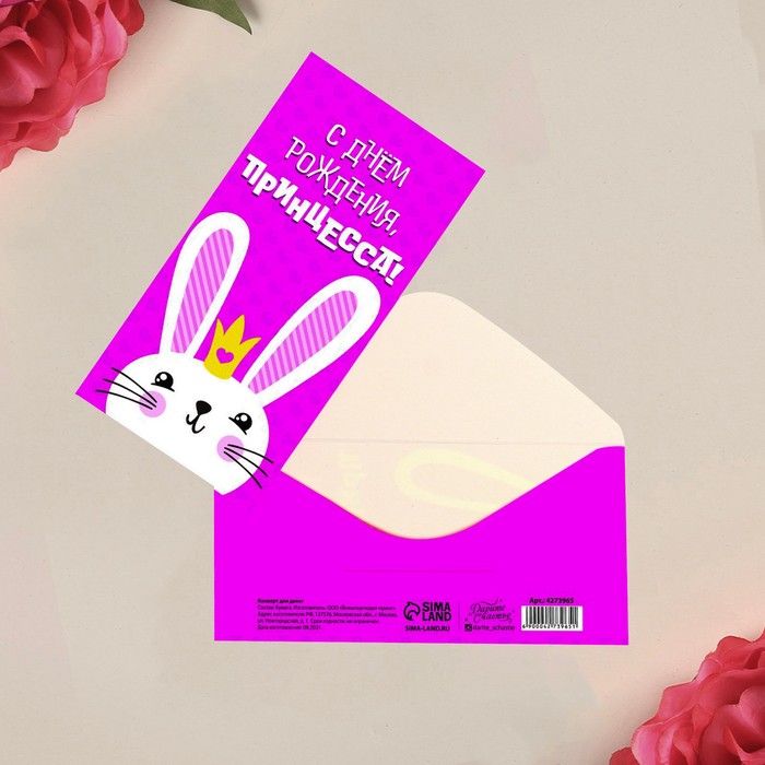 Конверт для денег «С Днём рождения, принцесса» зайчик, 16.5 × 8 см 
Конверт для денег «С Днём рождения, принцесса» зайчик, 16.5 × 8 см