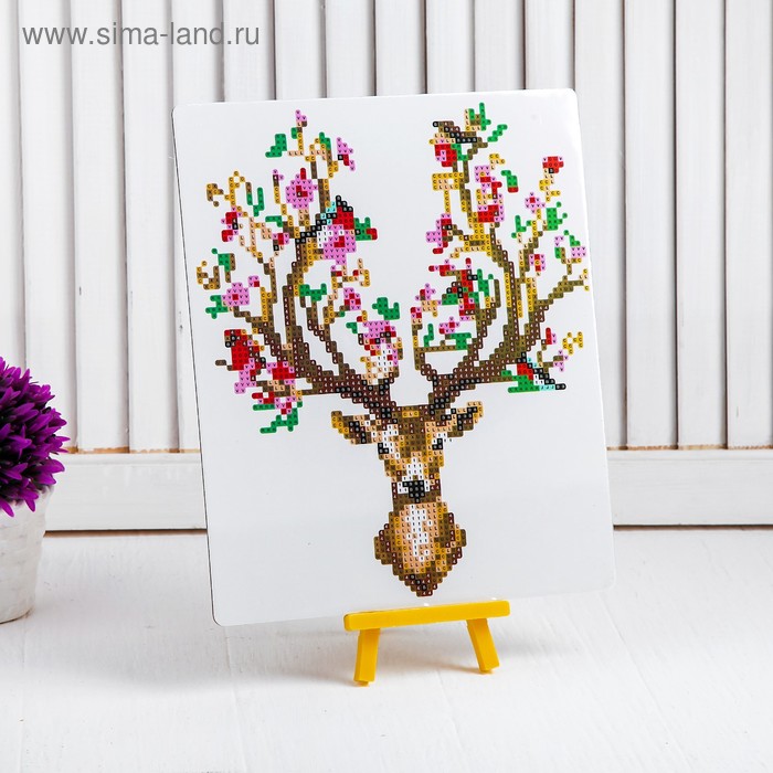 Алмазная вышивка с частичным заполнением «Олень с птичками на рогах», с подставкой, размер картины: 21 × 25 см