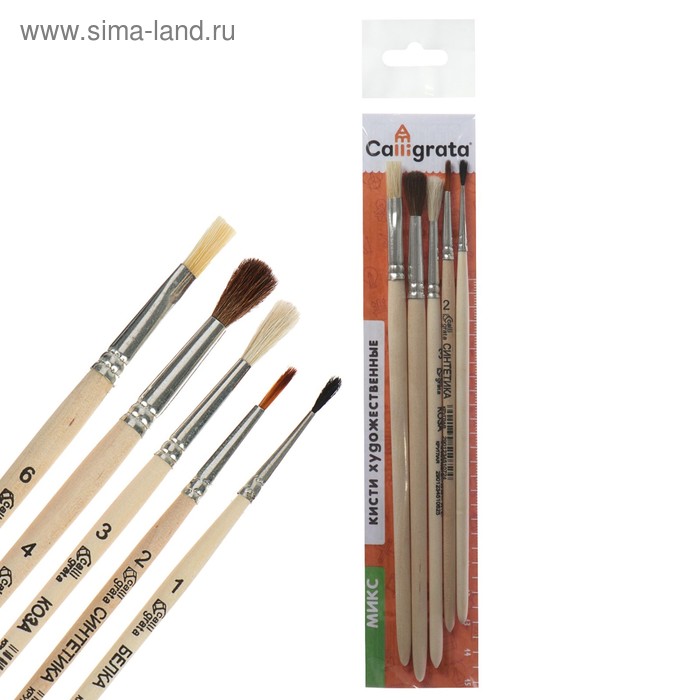 Набор кистей Микс 5 штук, Calligrata (круглые: Белка №1, Синт №2, Коза №3, Пони №4; плоская: Щетина №6), деревянная ручка 
Набор кистей Микс 5 штук, Calligrata (круглые: Белка №1, Синт №2, Коза №3, Пони №4; плоская: Щетина №6), деревянная ручка