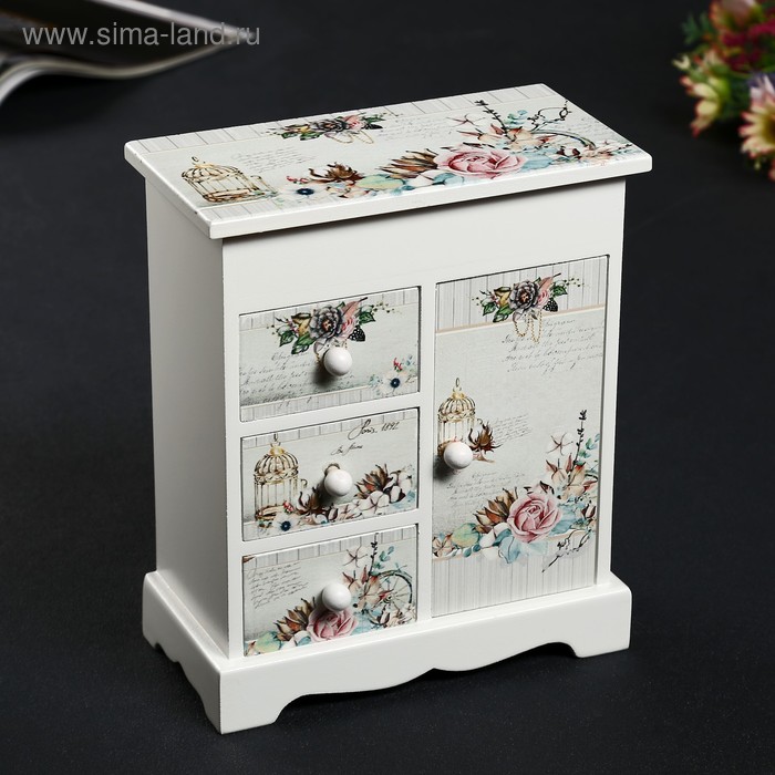 Шкатулка дерево комод 3 ящика+дверка "Романтичный букет" 19х16х8 см
Шкатулка дерево комод 3 ящика+дверка "Романтичный букет" 19х16х8 см