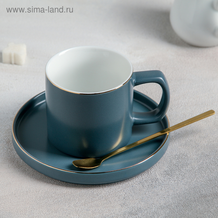 фото Чайная пара «грация»: чашка 180 мл, блюдце 14,5 см, ложка, цвет серо-синий матовый