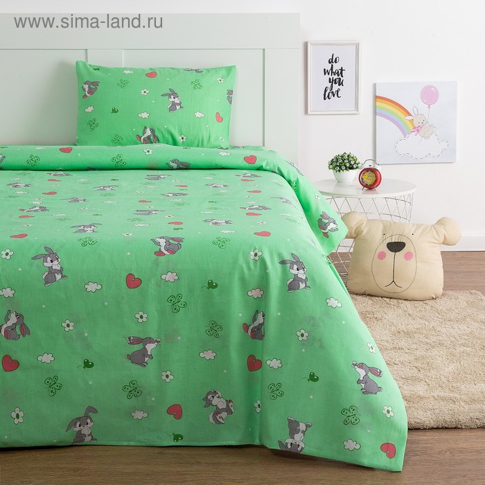 Постельное бельё Экономь и Я 1,5 сп. «Зайки» цвет зелёный, 145×210, 150×210, 50×70 см-1 шт, бязь 120 гр/м2