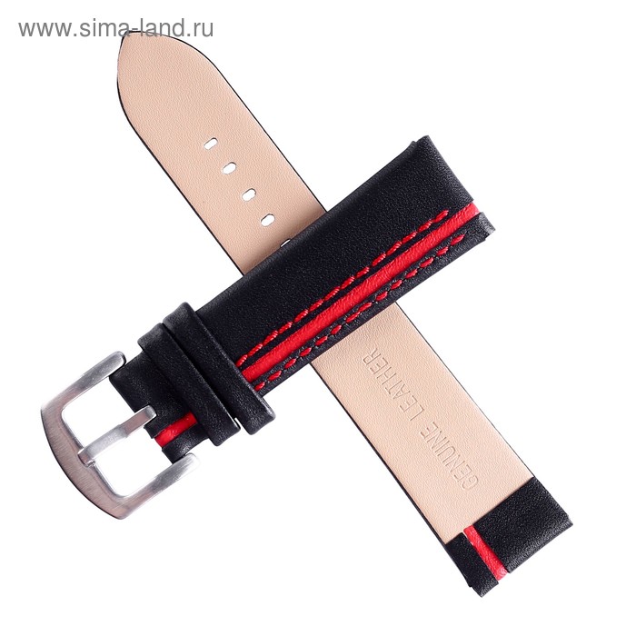 фото Ремешок для часов "bugert" 22 мм, натуральная кожа, l=20 см, черный с красной полосой