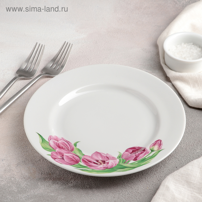 фото Тарелка фарфоровая «розовые тюльпаны», d=20 см, белая дулевский фарфор