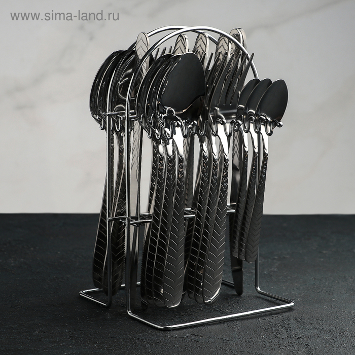 Набор столовых приборов на подставке «Коса», 24 предмета, цвет серебряный
Набор столовых приборов на подставке «Коса», 24 предмета, цвет серебряный