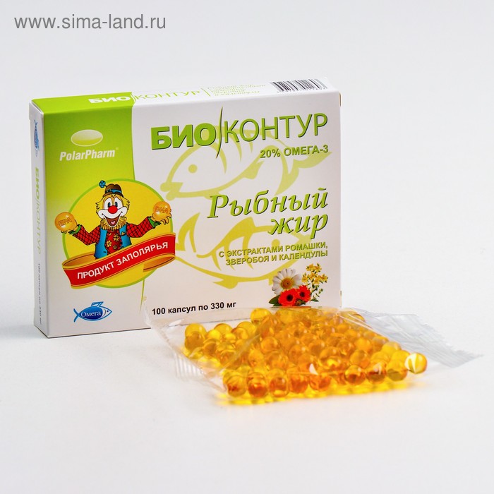 Рыбный жир "БиоКонтур" с экстрактами ромашки, зверобоя и календулы в капсулах по 330 мг
Рыбный жир "БиоКонтур" с экстрактами ромашки, зверобоя и календулы в капсулах по 330 мг