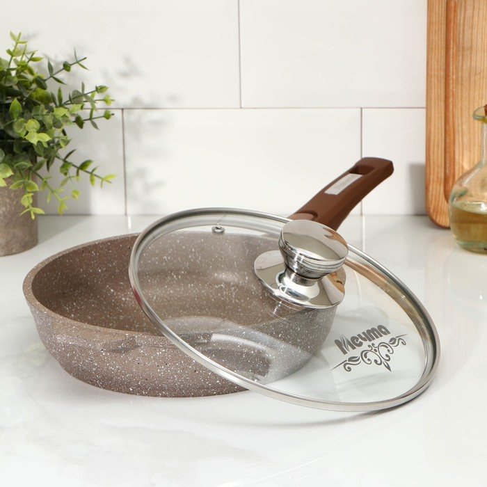 фото Сковорода «гранит», d=22 см, съёмная ручка, стеклянная крышка, антипригарное покрытие, цвет коричневый мечта