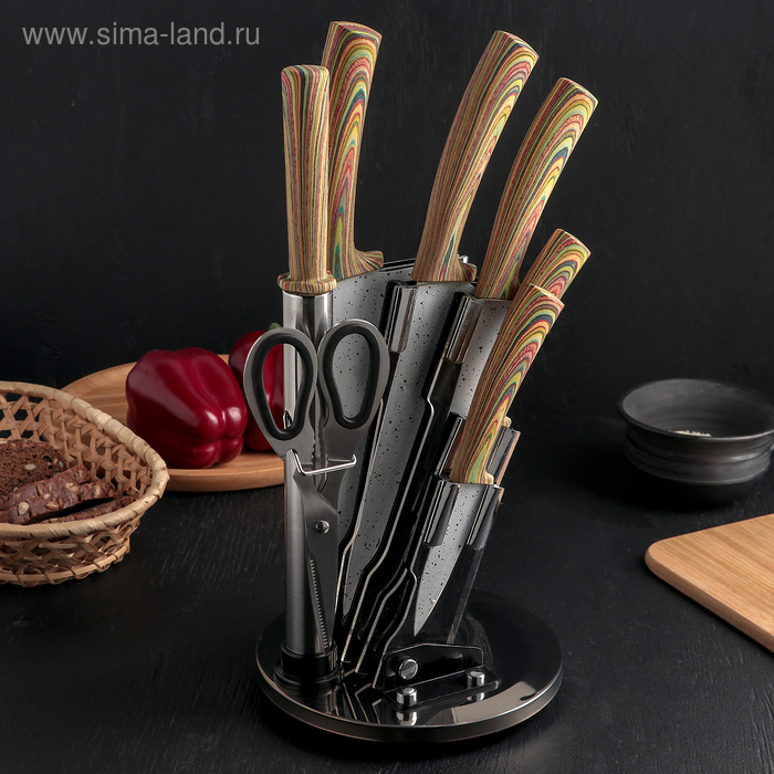 Набор ножей на подставке «Палитра», 7 предметов: 5 ножей, лезвие 8,5 см, 12,5 см, 17 см, 20 см, 20 см, мусат, ножницы
Набор ножей на подставке «Палитра», 7 предметов: 5 ножей, лезвие 8,5 см, 12,5 см, 17 см, 20 см, 20 см, мусат, ножницы