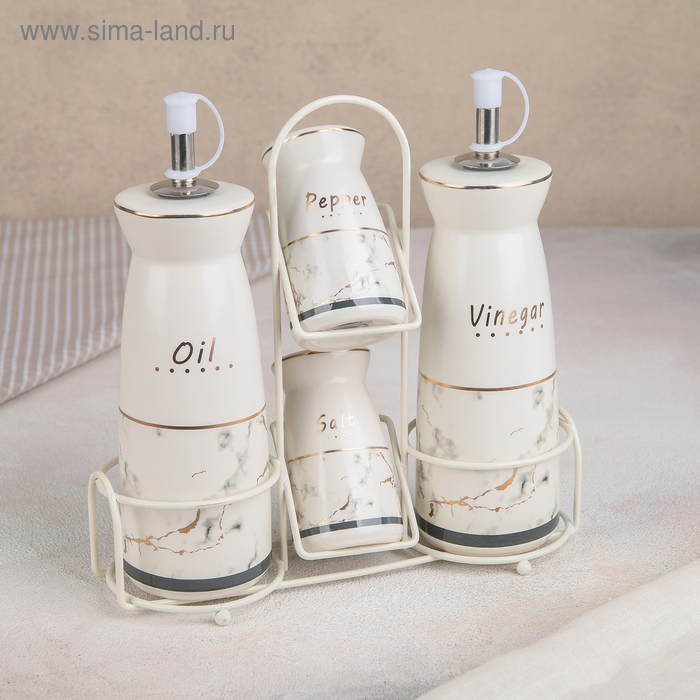 Набор для специй и масел «Марбл», 4 шт: 2 соусника, солонка, перечница, на металлической подставке
Набор для специй и масел «Марбл», 4 шт: 2 соусника, солонка, перечница, на металлической подставке