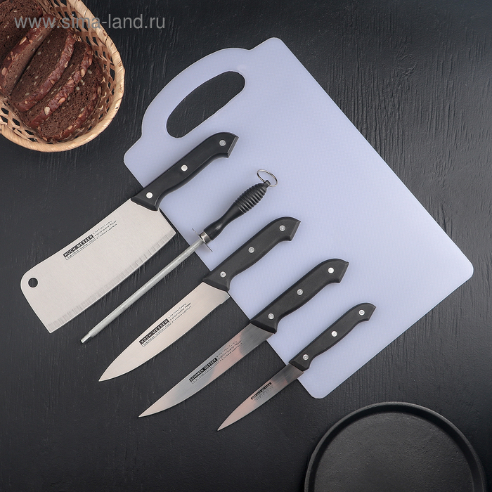 Набор кухонный, 6 предметов: ножи 10 см, 15 см, 15 см, 17,5 см, ножеточка, доска 38×22 см, цвет чёрный
Набор кухонный, 6 предметов: ножи 10 см, 15 см, 15 см, 17,5 см, ножеточка, доска 38×22 см, цвет чёрный