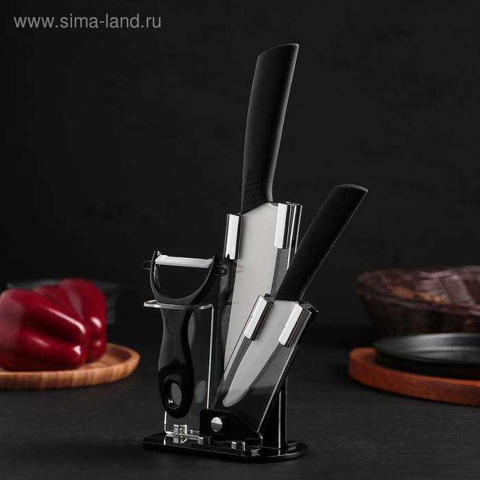 Набор кухонный на подставке, 3 предмета: ножи 9,5 см, 15 см, овощечистка, цвет чёрный
Набор кухонный на подставке, 3 предмета: ножи 9,5 см, 15 см, овощечистка, цвет чёрный