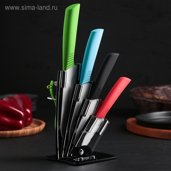 Набор кухонный, 5 предметов: 4 ножа 7 см, 9,5 см, 15 см, 15 см, овощечистка, на подставке, цвет МИКС
Набор кухонный, 5 предметов: 4 ножа 7 см, 9,5 см, 15 см, 15 см, овощечистка, на подставке, цвет МИКС