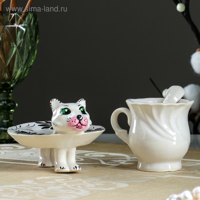 фото Чайная пара «кошечка с ложечкой», 3 предмета: чашка, ложка, блюдце керамика ручной работы