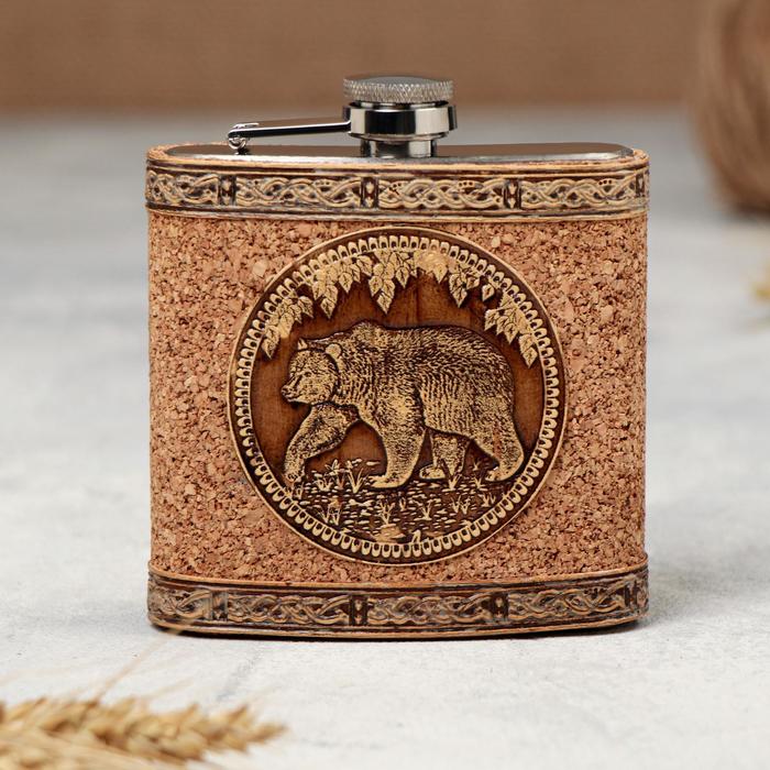 фото Фляжка "медведь" 180мл, металл, береста