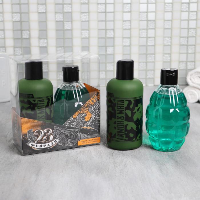 Набор "С 23 февраля!", гель для душа во флаконе фляга, 250 мл, лимон и мята; шампунь для волос во флаконе граната, 250 мл