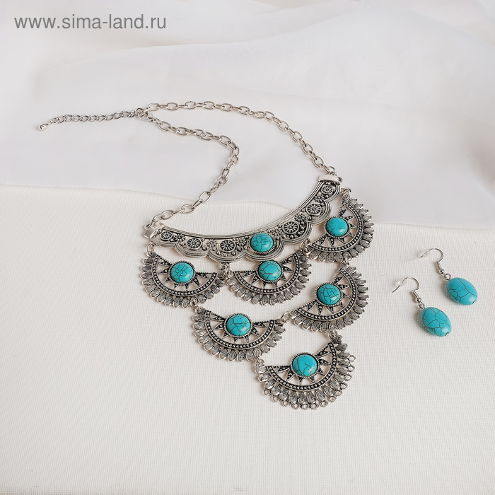 Набор 2 предмета: серьги, колье "Эльфийское" ярусы, цвет голубой в чернёном серебре, L=43 
Набор 2 предмета: серьги, колье "Эльфийское" ярусы, цвет голубой в чернёном серебре, L=43