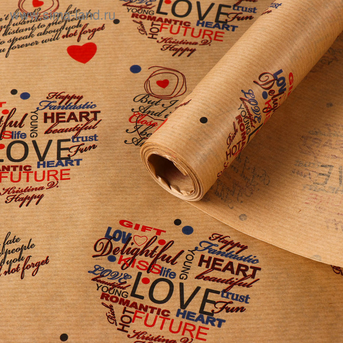 Бумага упаковочная крафт "Сердечки", 0,6 х 10 м, 40 г/м²