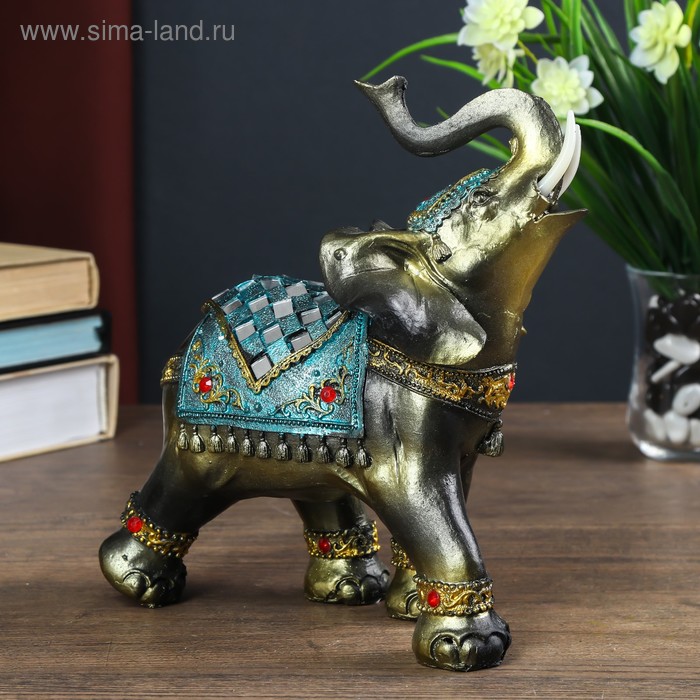 фото Сувенир полистоун "слон в синей попоне с кистями и зеркалами" 20х10х18,5 см