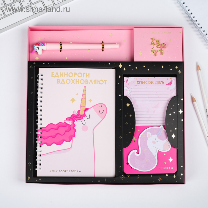 Набор «Единороги»: ежедневник A5 40 листов, планинг, ручка, скрепки, стикеры 
Набор «Единороги»: ежедневник A5 40 листов, планинг, ручка, скрепки, стикеры