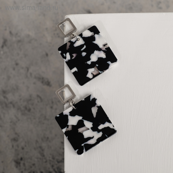 Серьги ассорти "Танзания" квадраты, цвет чёрно-белый в серебре