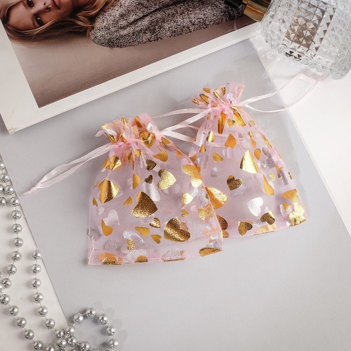 фото Мешочек подарочный "сердечки", 10 х 12, цвет розовый с золотом