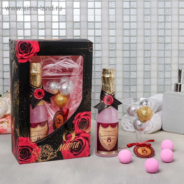 Гель для душа "8 Марта", 260 мл.аромат розы , соль для ванн 4 шт.