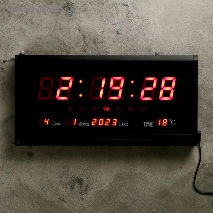 фото Часы настенные электронные, с термометром и календарём, красные цифры, 38х3х19 см