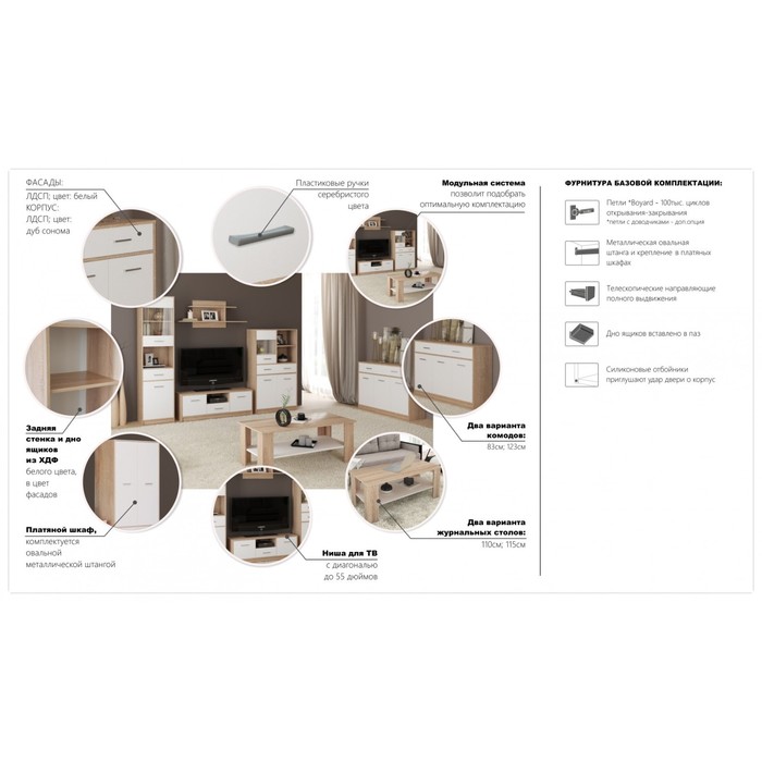 фото Гостиная «стелс», пенал, полка навесная, тумба, комод с витриной, цвет дуб сонома / белый