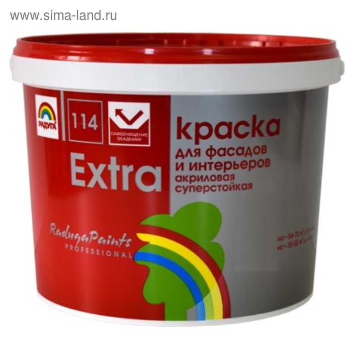 Краска для фасадов и интерьеров акриловая 114 Экстра, матовая, База А, 9л 
Краска для фасадов и интерьеров акриловая 114 Экстра, матовая, База А, 9л
