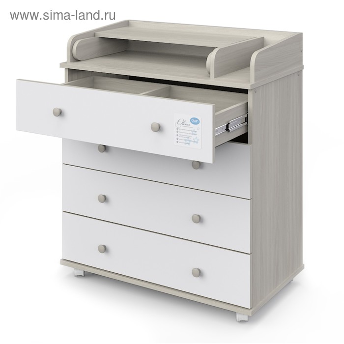 Комод детский с пеленальным столиком, раскладной, мод.Орион 804 (Oliver) ЛДСП ясень шимо светлый-белый - 4 ящика 
Комод детский с пеленальным столиком, раскладной, мод.Орион 804 (Oliver) ЛДСП ясень шимо светлый-белый - 4 ящика
