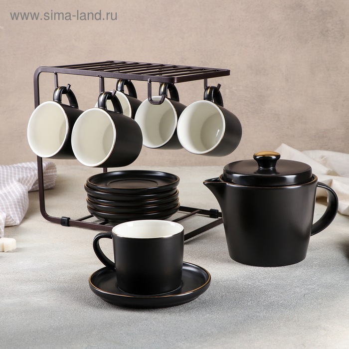 фото Сервиз чайный на металл подставке «блэк», 13 предметов: чайник 700 мл, 6 чашек 200 мл, 6 блюдец