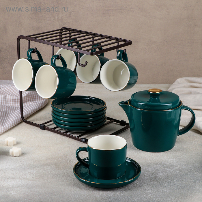 фото Сервиз чайный на металл подставке «изумруд», 13 предметов: чайник 700 мл, 6 чашек 200 мл, 6 блюдец