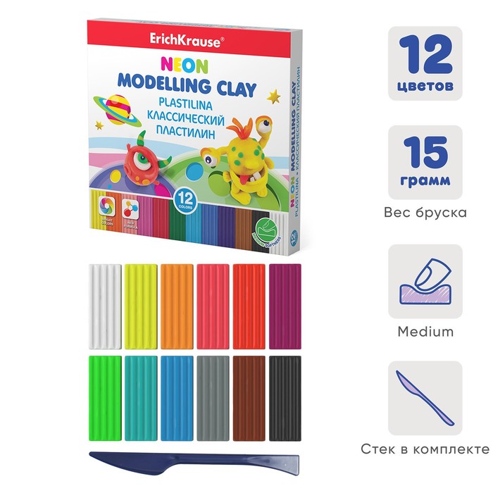 Пластилин 12 цвета, 180 г, ErichKrause Monsters, неоновый, улучшенная формула, со стеком, в картонной упаковке
Пластилин 12 цвета, 180 г, ErichKrause Monsters, неоновый, улучшенная формула, со стеком, в картонной упаковке