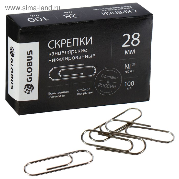 Скрепки канцелярские GLOBUS, 100 шт., 28 мм, никелированные
Скрепки канцелярские GLOBUS, 100 шт., 28 мм, никелированные